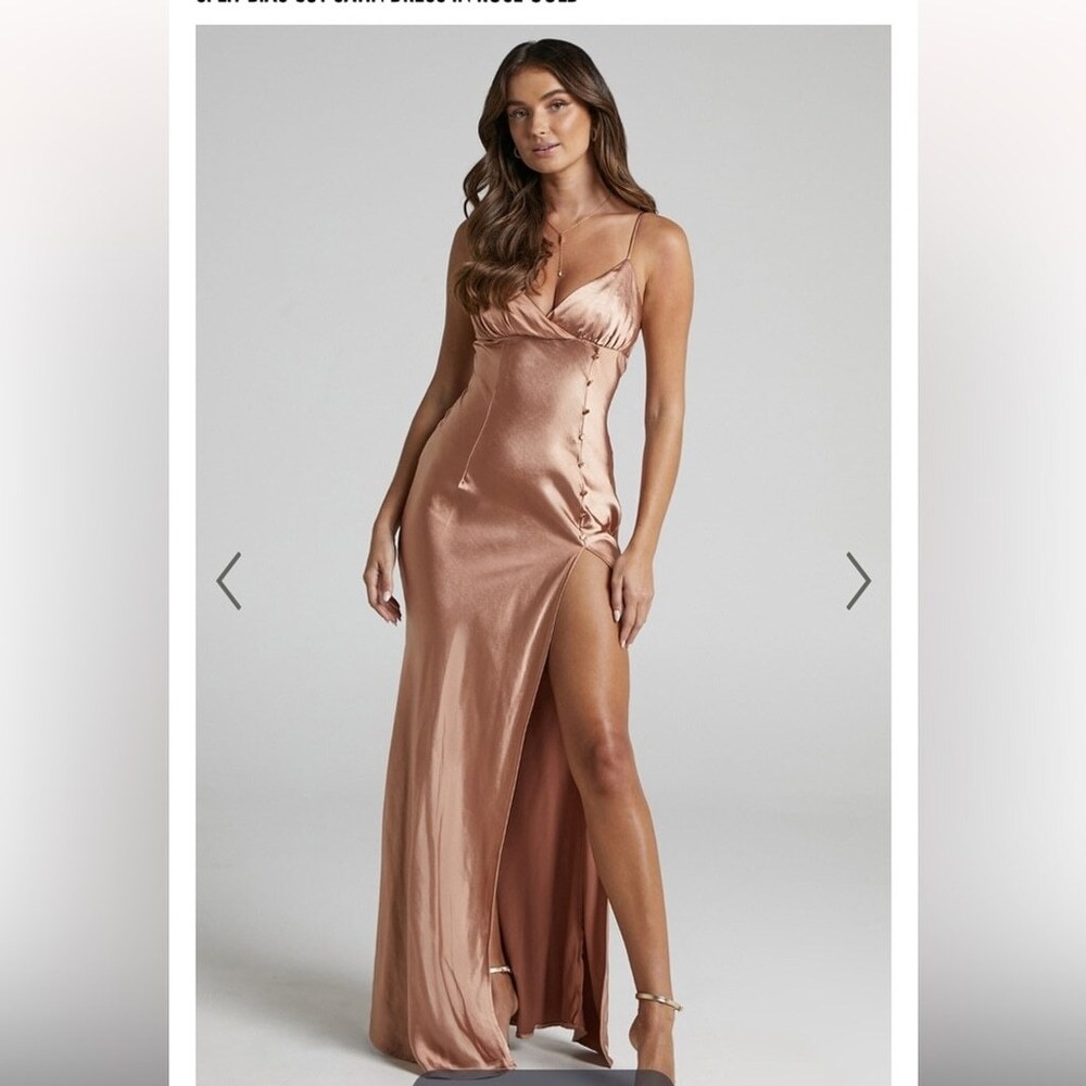 Showpo Open Mind Cut Out Maxi Dress Rose Gold Satin V-Neck Formal Gown US 2